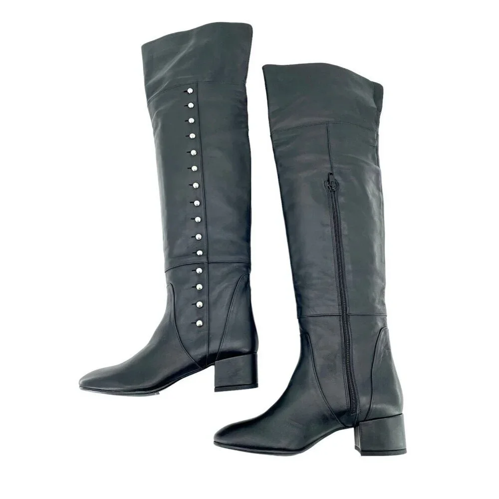 Charles David Boots Black Leather Over-The-Knee Studded Military SZ 6.5 NEW